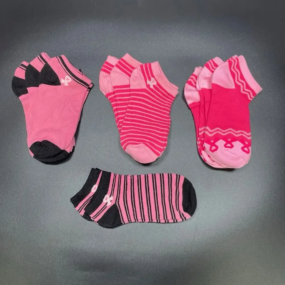 NWOT 11 Pairs Women's Ankle Socks Pink Breast Cancer Awareness Various Patterns